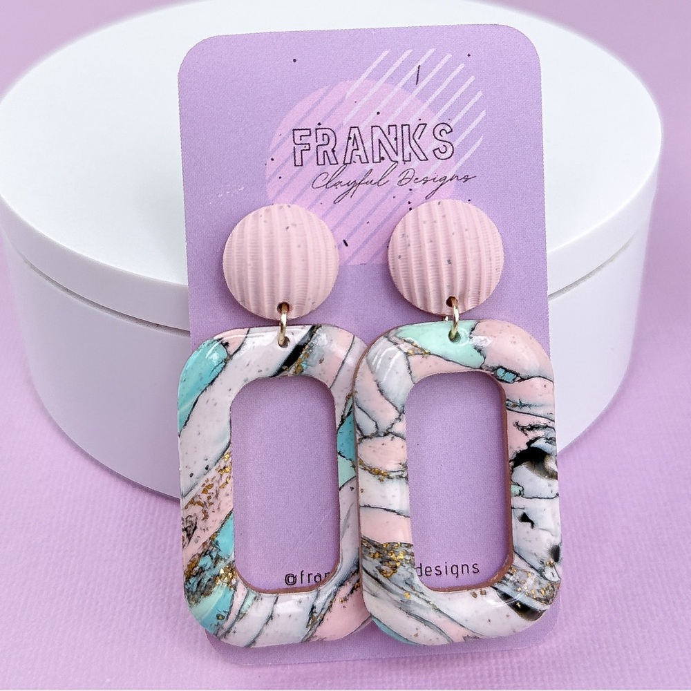 Marbled Design Handmade Polymer Clay Dangle Rectangle Hoop Earrings
